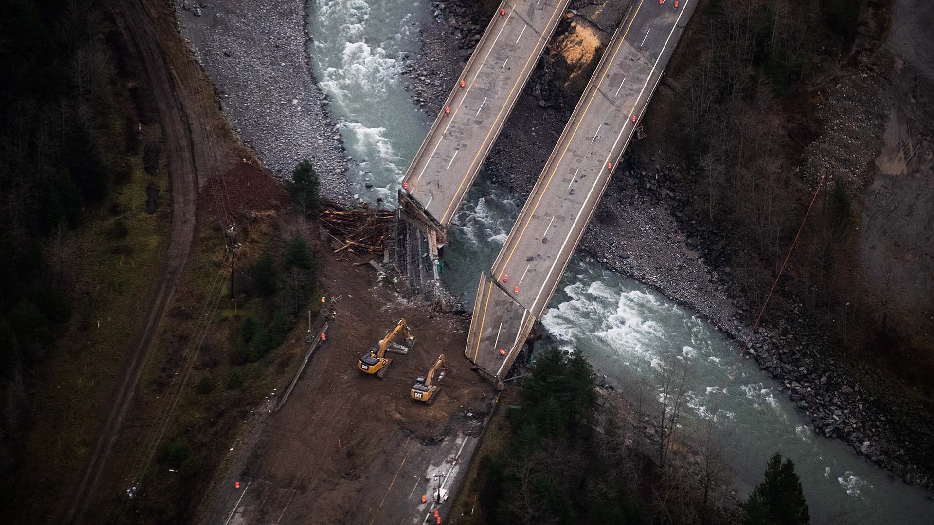Collapsed sections of bridges destroyed by severe flooding and landslides on the Coquihalla Highway north of Hope, B.C., are seen in an aerial view from a Canadian Forces reconnaissance flight on Monday, Nov. 22, 2021.