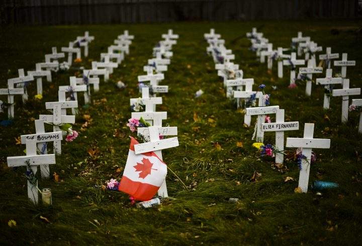 Crosses are displayed in memory of the elderly who died from COVID-19 at the Camilla Care Community facility during the COVID-19 pandemic in Mississauga, Ont., on Thursday, November 19, 2020.