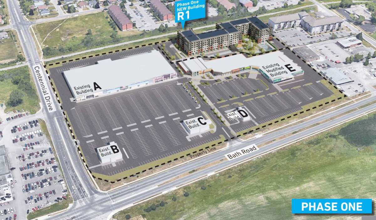 The first phase of the planned Frontenac Mall redevelopment includes a six-storey, 288-unit apartment on the northeast portion of the property.