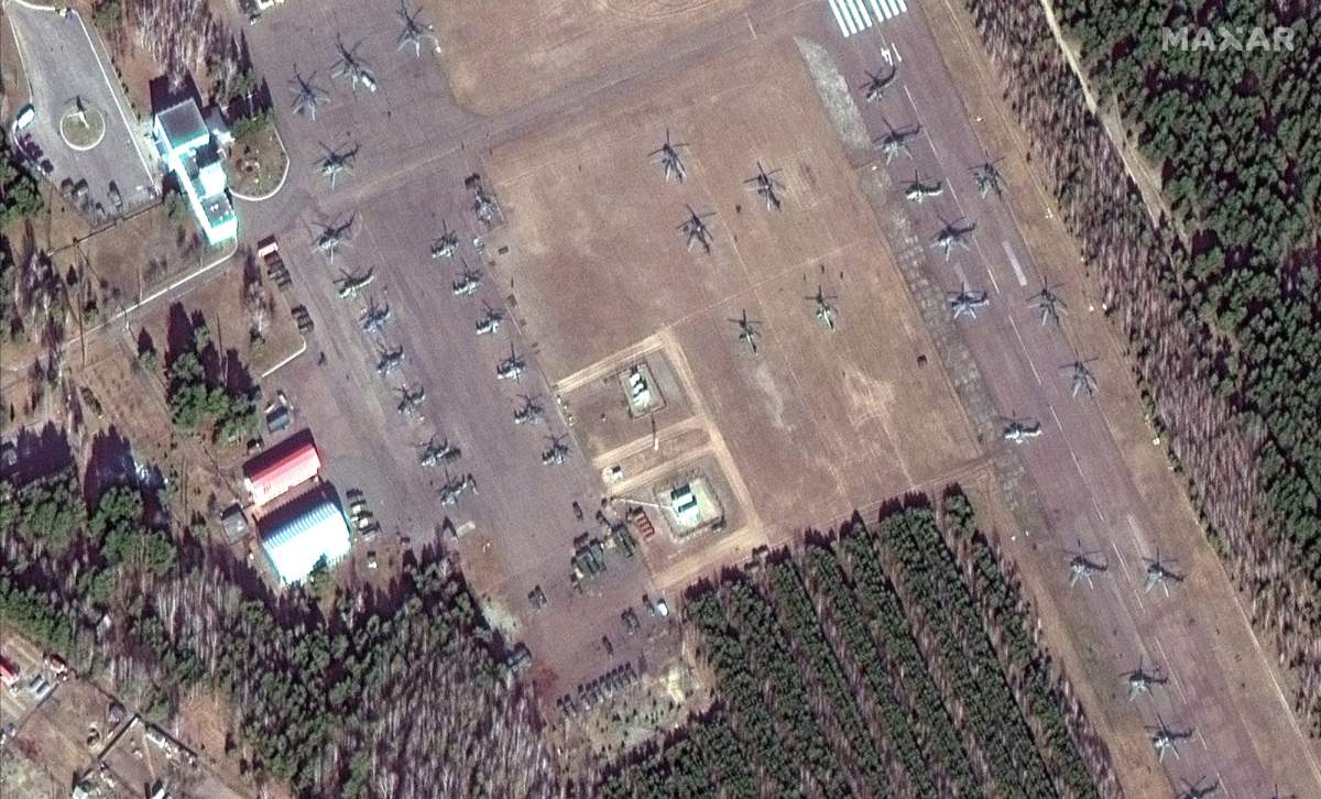Ground attack helicopters and additional units are seen at V.D. Bolkov airfield, south of Mazyr, Belarus, about 30 kilometres north of the Ukrainian border on Feb. 28, 2022.