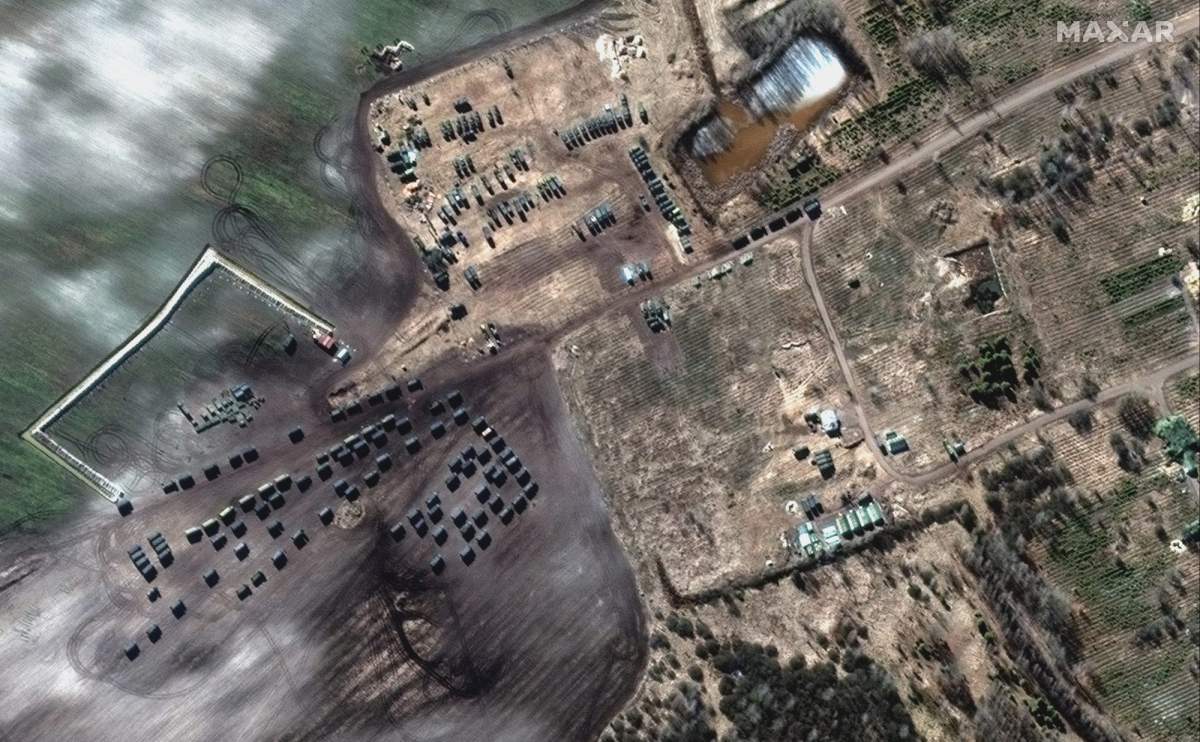 Russian ground forces field deployments are seen near Khilchika, Belarus, approximately 12 kilometres north of the border with Ukraine, on Feb. 28, 2022.