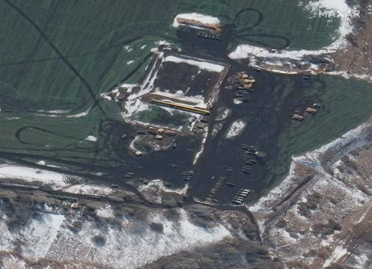 Russian forces remain deployed in and around the western outskirts of Belgorod, Russia, with artillery and multiple rocket launchers (MRLs) deployed in the area approximately 20 kilometres north of the border with Ukraine on Feb. 24, 2022.