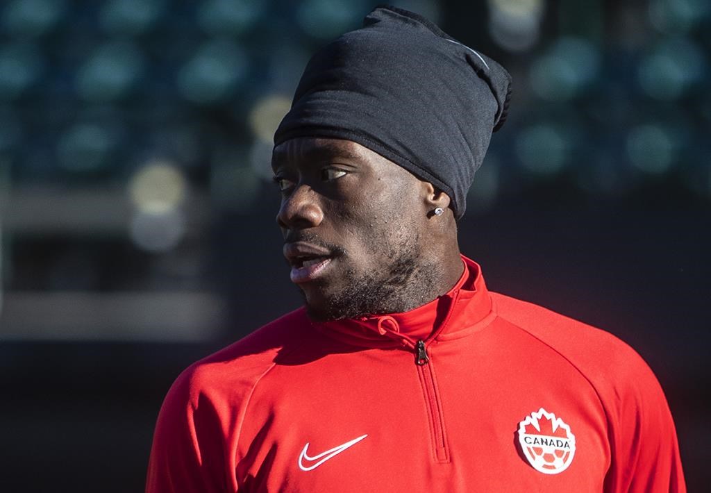 Canada's Alphonso Davies takes part in a practice session in Edmonton, Alta., on Wednesday November 10, 2021