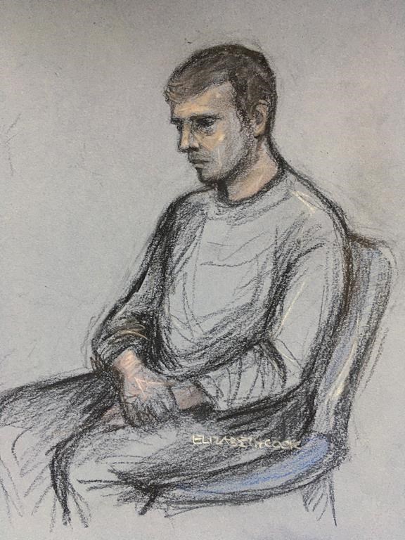 Court artist sketch by Elizabeth Cook of Jack Sepple, of Tennyson Road, Chelmsford, appearing in the dock at Colchester Magistrates’ Court accused of the murder of a 19-year-old Canadian woman who was found dead in Chelmsford. THE CANADIAN PRESS/AP-Elizabeth Cook/PA via AP