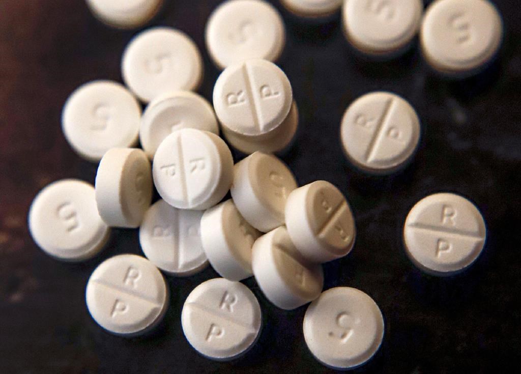 FILE - This June 17, 2019, file photo shows 5-mg pills of Oxycodone. (AP Photo/Keith Srakocic, File).