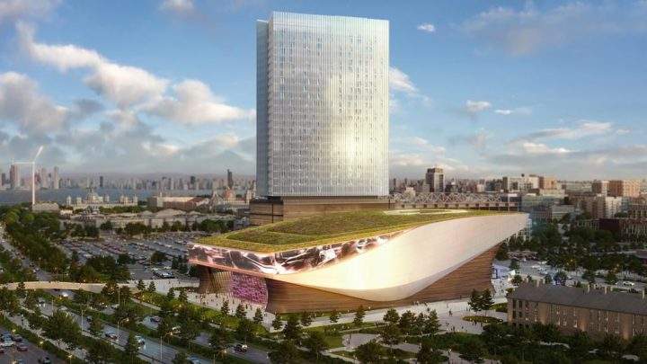 An artist’s rendition of OverActive Media’s planned performance venue for esports and entertainment events shown in the foreground at Toronto’s Exhibition Place.