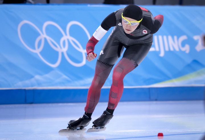 Isabelle Weidemann, of Canada, rounds the oval to win the bronze medal in the women’s 3,000 metre speedskating race at the 2022 Winter Olympics in Beijing on Saturday, Feb. 5, 2022.