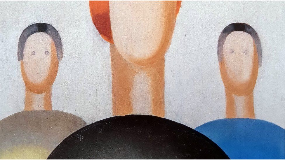 Two of the usually faceless figures in the Anna Leporskaya painting had eyes drawn on with a ballpoint pen.