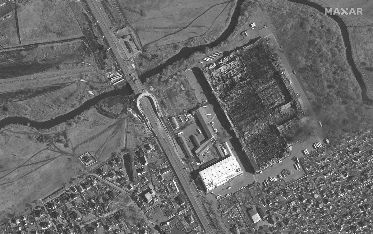 Destroyed warehouse buildings in Stoyanka, Ukraine, western Kyiv region on March 10, 2022.
