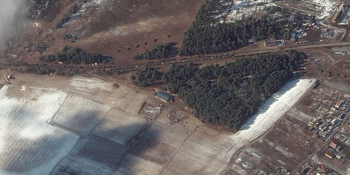 Resupply trucks and probable multiple rocket launchers in firing position in Berestyanka, Ukraine on March 10, 2022.