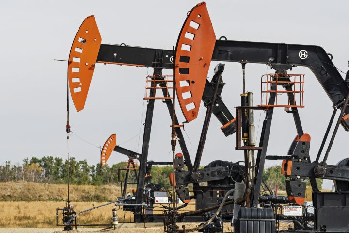 Oilfield pumpjacks belonging to Crescent Point Energy pump crude oil near Stoughton, Saskatchewan on Sunday, September 9, 2018.