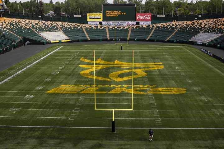The Edmonton Eskimos unveil their new name and logo, the Edmonton Elks, at Commonwealth Stadium in Edmonton, on Tuesday, June 1, 2021. 