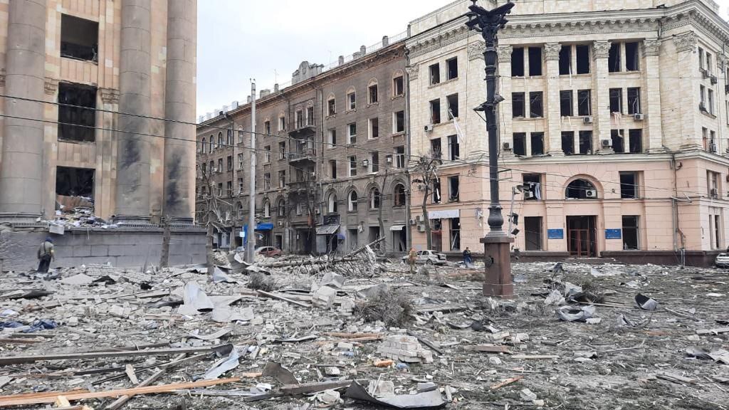 A view of damaged Kharkiv governor’s office is seen after Russian army’s missile attack in Kharkiv, Ukraine on March 1.