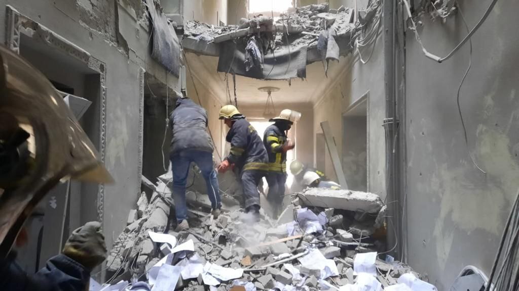 A view of damaged Kharkiv governor’s office is seen after Russian army’s missile attack in Kharkiv, Ukraine on March 1.