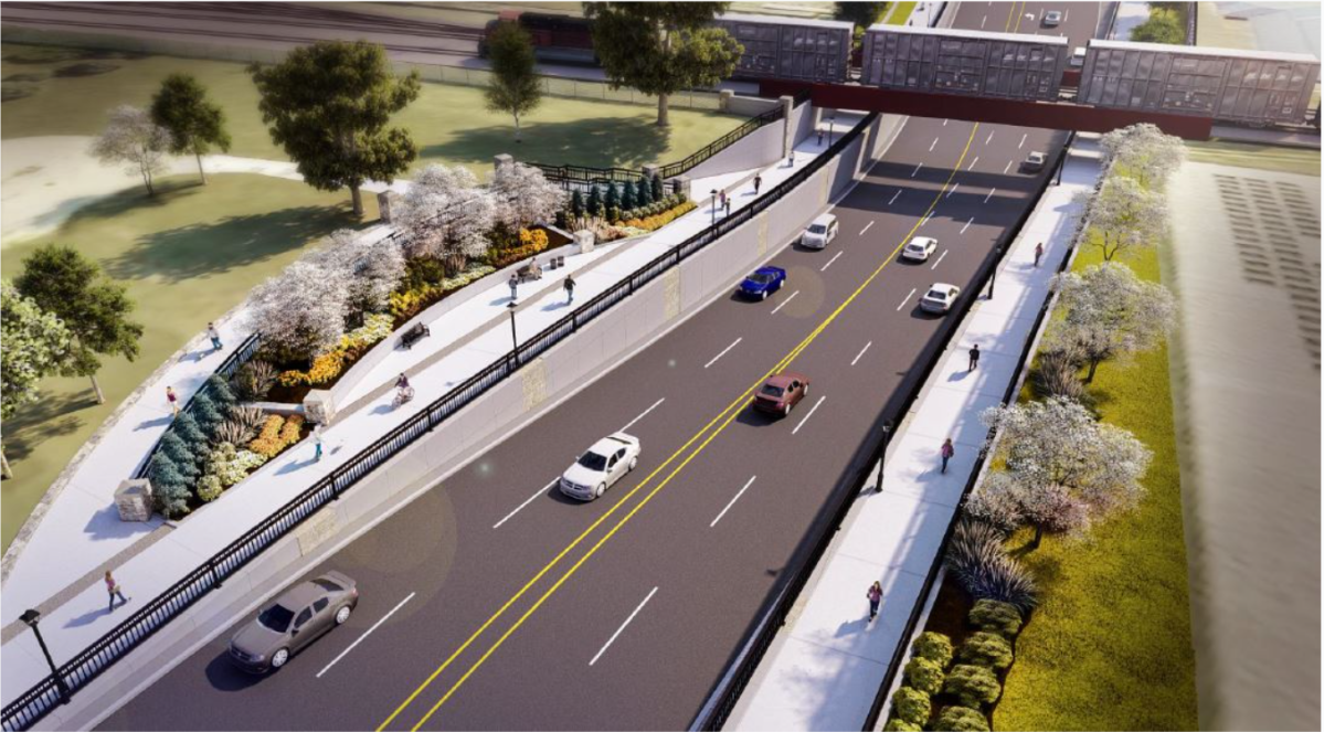 A rendering of the upcoming underpass on Adelaide Street North looking south.