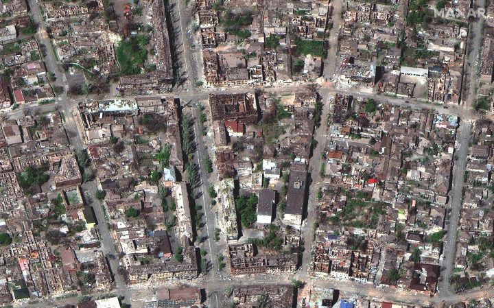 Multiple blocks in Mariupol city with destroyed buildings