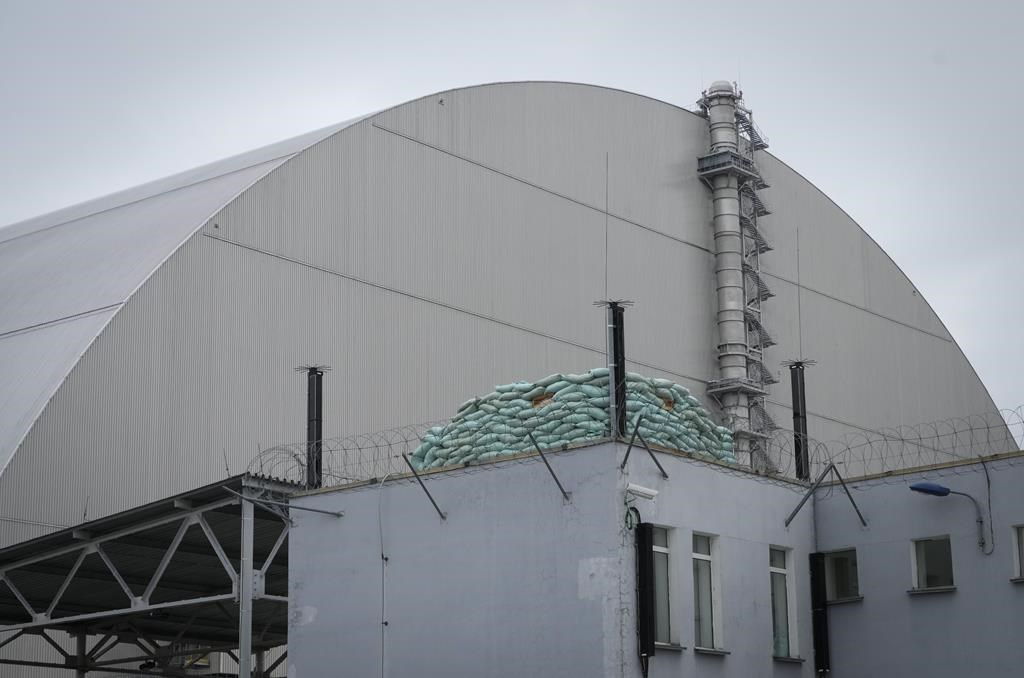 A Russian firing position near a shelter above the sarcophagus covering the exploded reactor at the Chornobyl nuclear power plant in Chornobyl, Ukraine, Saturday, April 16, 2022. (AP Photo/Efrem Lukatsky)