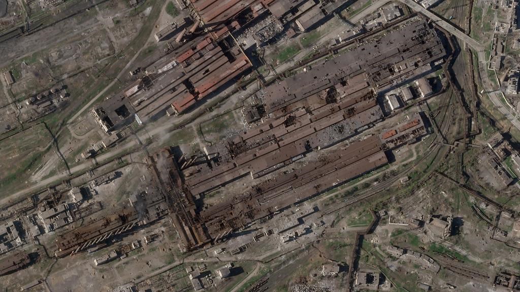 This satellite image from Planet Labs PBC shows damage at the Azovstal steelworks in Mariupol, Ukraine, Sunday, April 24, 2022. (Planet Labs PBC via AP)
