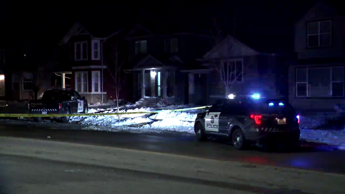 Calgary police blocked off a 200 block of Saddlecrest Boulevard N.E. after reports of a shooting on April 20, 2022.