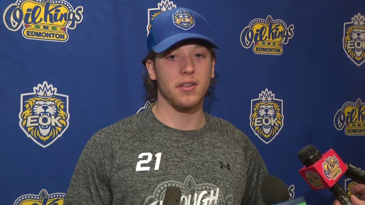Oil Kings forward Jake Neighbours speaks to reporters as his team prepares for the playoffs.