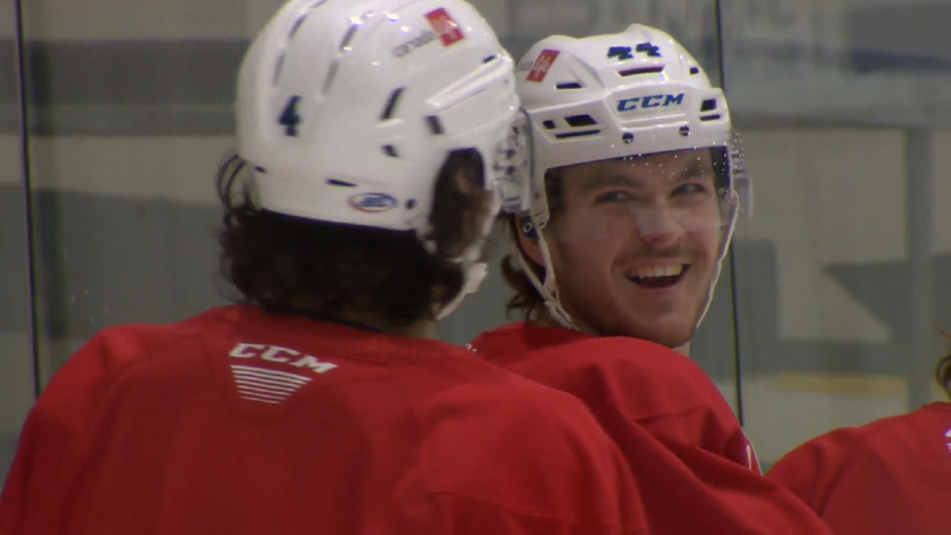Moose defenceman Dylan Samberg talking to teammate Johnny Kovacevic in between drills at Moose practice.