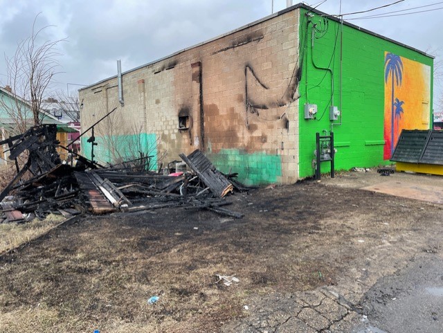 A photo of the a shed destroyed by fire near Battista's Calzones on 118 Avenue in Edmonton.