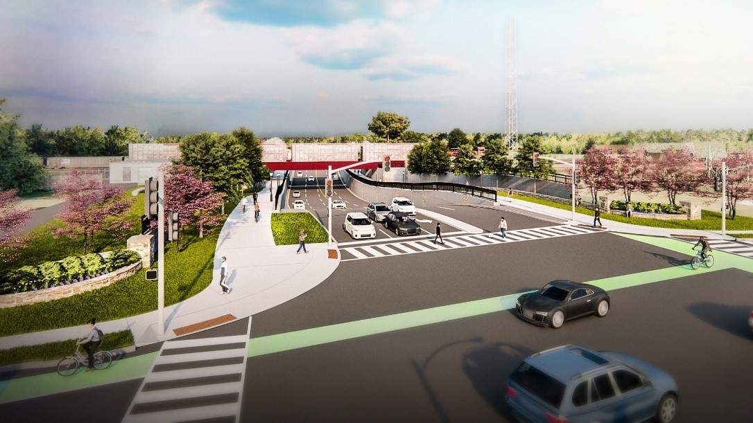  A design rendering of the Adelaide Street North Underpass from Central Avenue and Adelaide Street North, facing north.