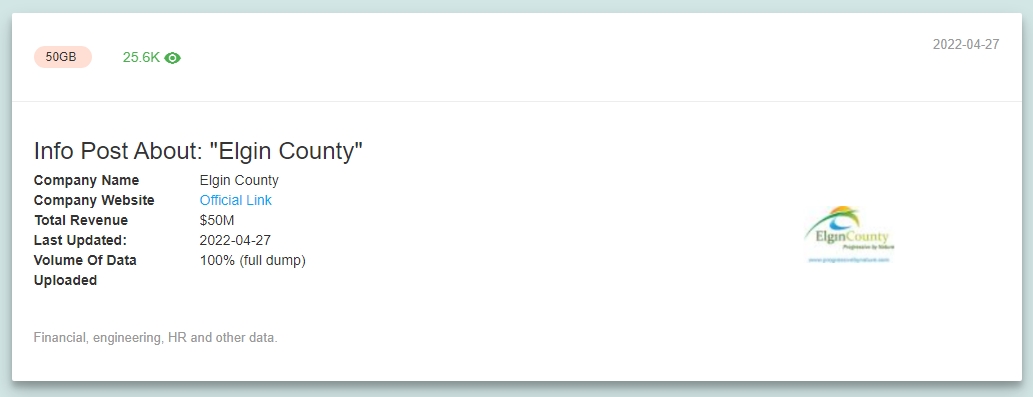 Roughly 50 gigabytes worth of files purporting to belong to Elgin County remain posted to the dark web portal of another ransomware group. Global News is not identifying the group as the data was still live on Monday.