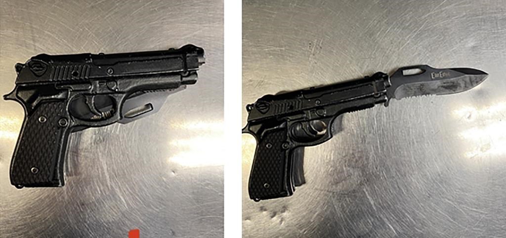 This photo combination provided by the Los Angeles Police Department shows the fake handgun with the real knife blade inside that was taken from the man who attacked comedian Dave Chappelle at the Hollywood Bowl