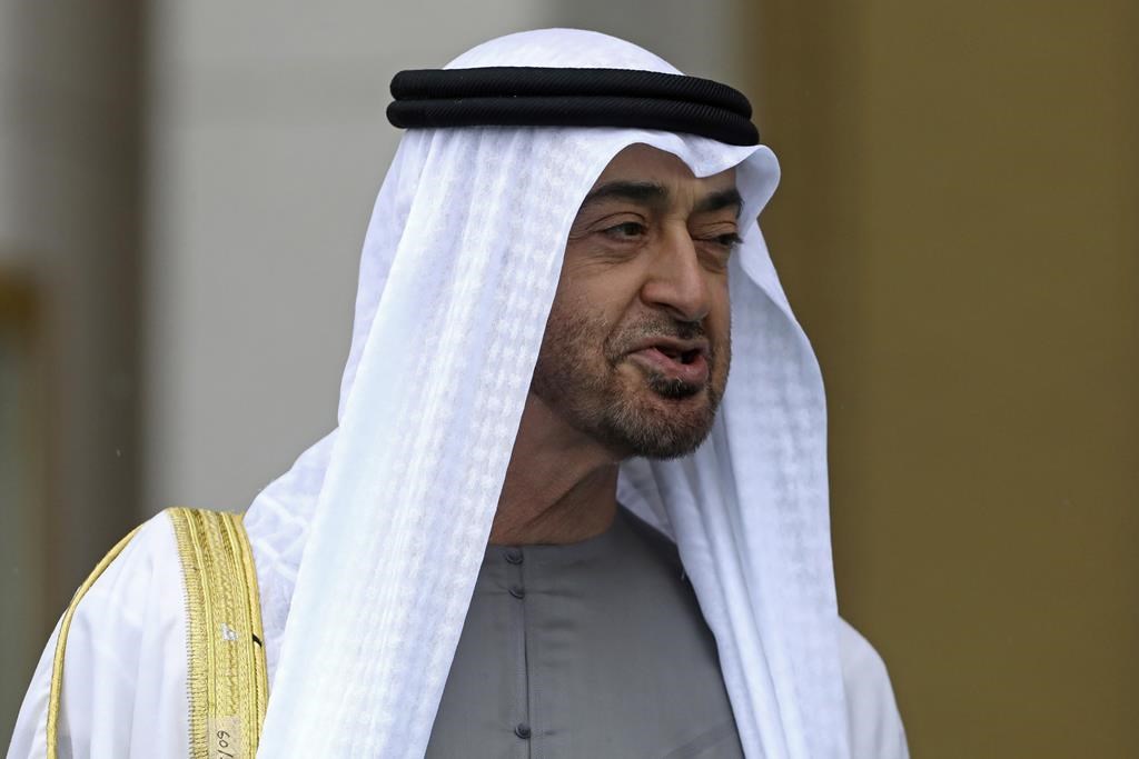 FILE - Sheikh Mohammed bin Zayed Al Nahyan, the Crown Prince of the United Arab Emirates, speaks to Turkey's President Recep Tayyip Erdogan during a welcoming ceremony at the presidential palace, in Ankara, Turkey, on Nov. 24, 2021. 
