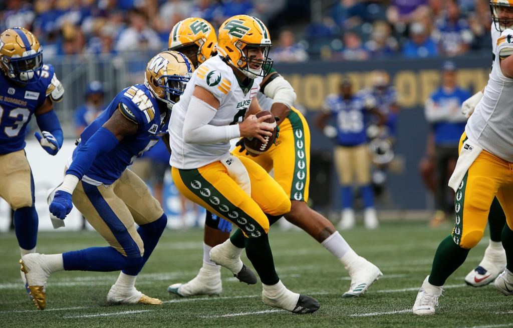 Edmonton Elks quarterback Nick Arbuckle (9) looks downfield against the Winnipeg Blue Bombers during the first half of pre-season CFL action in Winnipeg, Friday, May 27, 2022. THE CANADIAN PRESS/John Woods