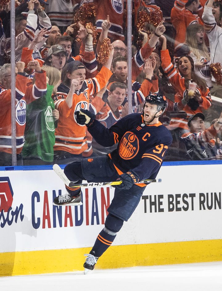 Edmonton Oilers’ Connor McDavid (97) celebrates a goal against the Los Angeles Kings during first period NHL playoff action in Edmonton, Monday, May 2, 2022.