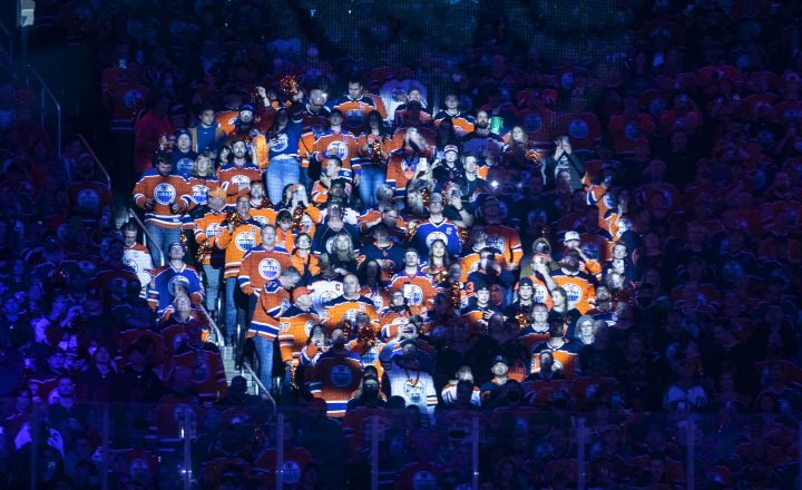Fans cheer during the opening ceremony before the Los Angeles Kings take on the Edmonton Oilers during NHL playoff action in Edmonton, Monday, May 2, 2022.