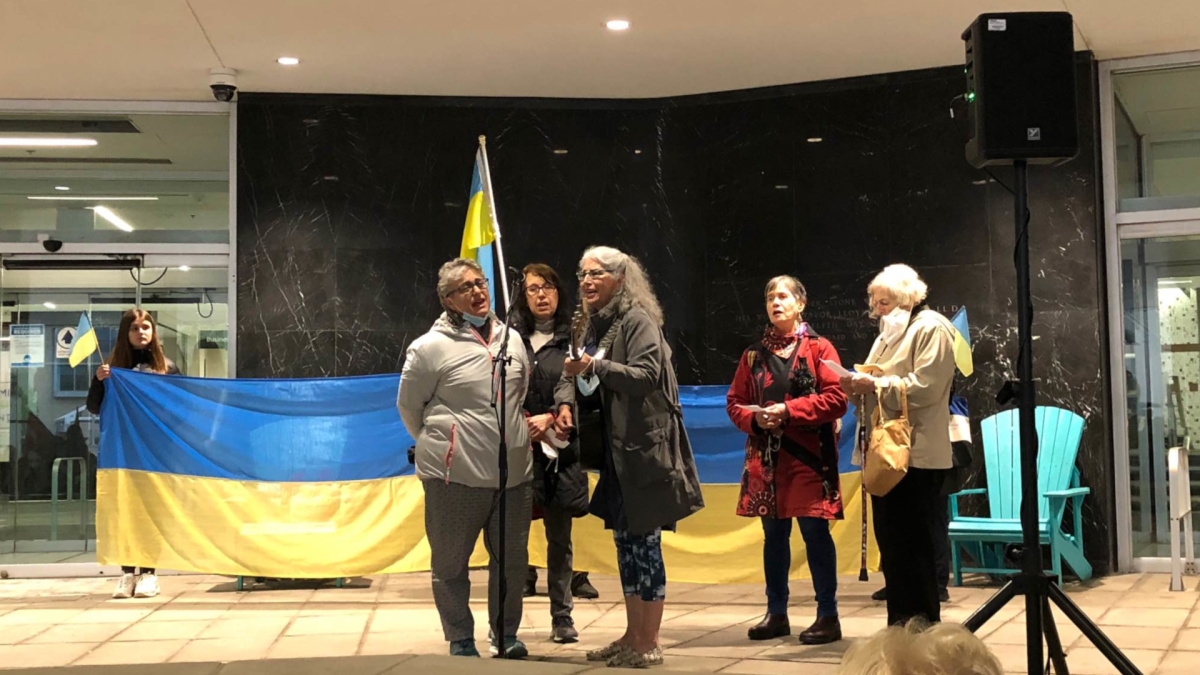 Supporters at a vigil for Ukraine at Hamilton City Hall on May 18, 2022.