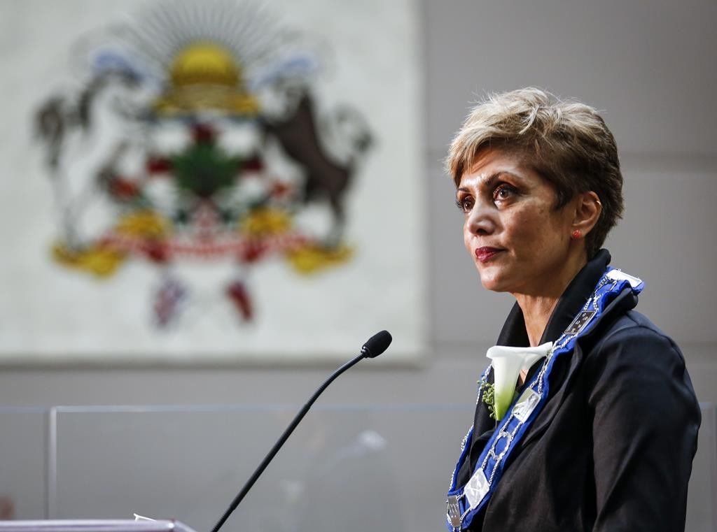 Jyoti Gondek speaks to the media after being sworn-in as the new mayor of Calgary in Calgary, Alta., Monday, Oct. 25, 2021.