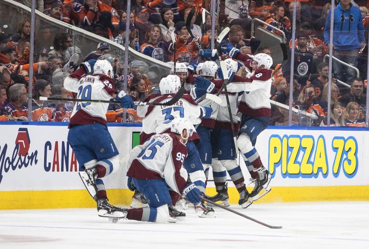 Colorado Avalanche celebrate the win over the Edmonton Oilers during overtime NHL conference finals action in Edmonton on Monday, June 6, 2022.