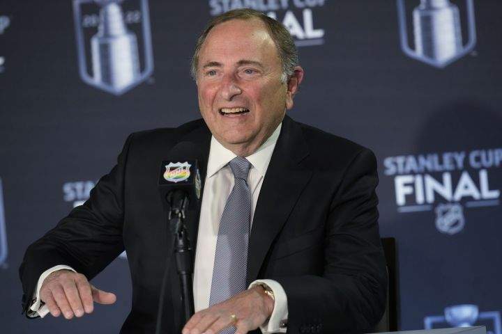 NHL Commissioner Gary Bettman speaks during a news conference before Game 1 of the NHL Hockey Stanley Cup Finals between the Tampa Bay Lightning and the Colorado Avalanche on Wednesday, June 15, 2022, in Denver.