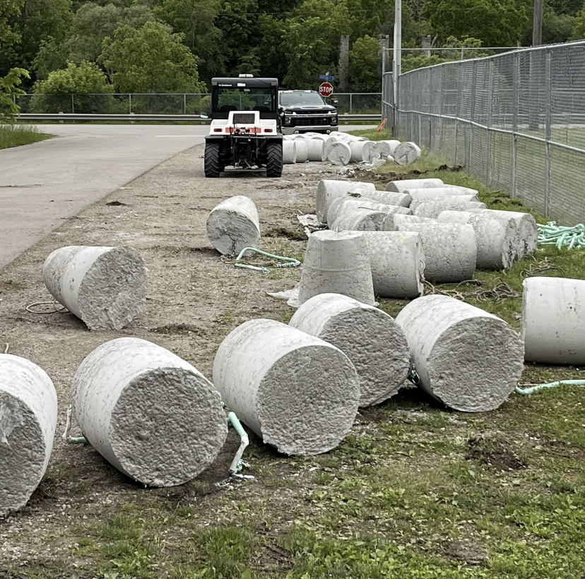 On Monday, about 60 concrete blocks to be used as anchors for the Super Splash floating waterpark coming to the St. Marys quarry needed to be cut in order to be transported by the helicopter.