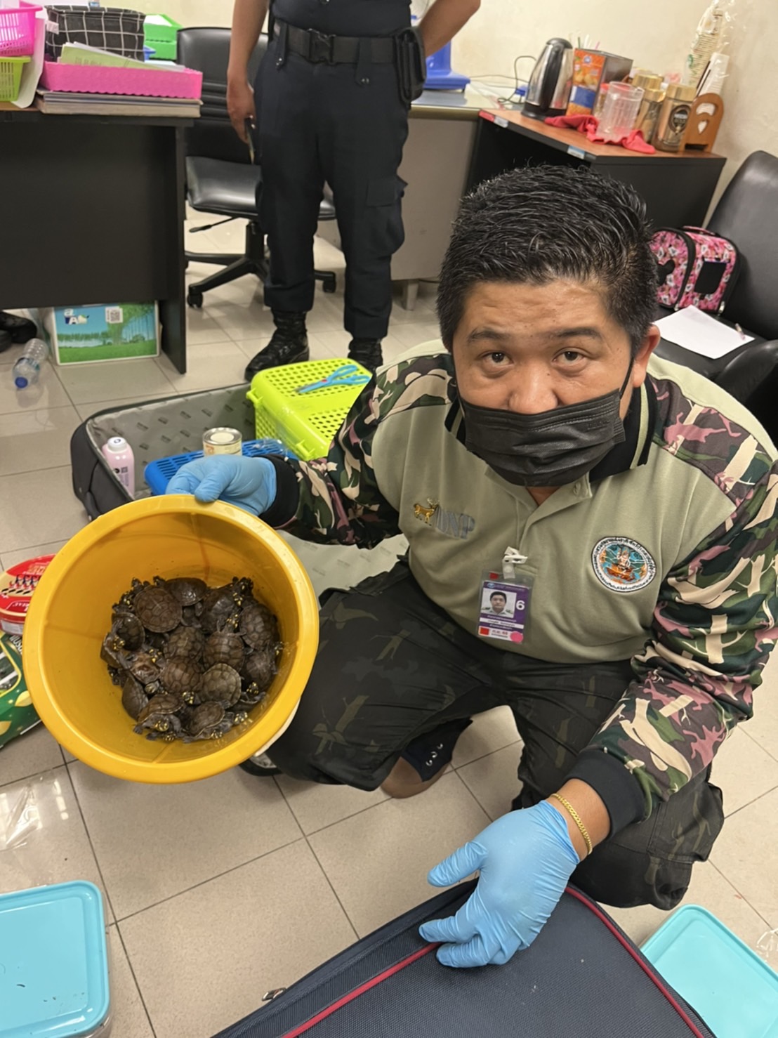 An airport security officer in Bangkok, Thailand shows a basket of turtles recovered from the luggages of two women engaged in wildlife trafficking.