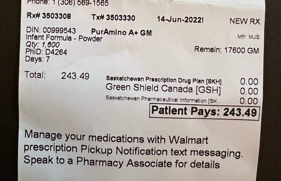 A photo of the prescription for Walker’s baby formula.