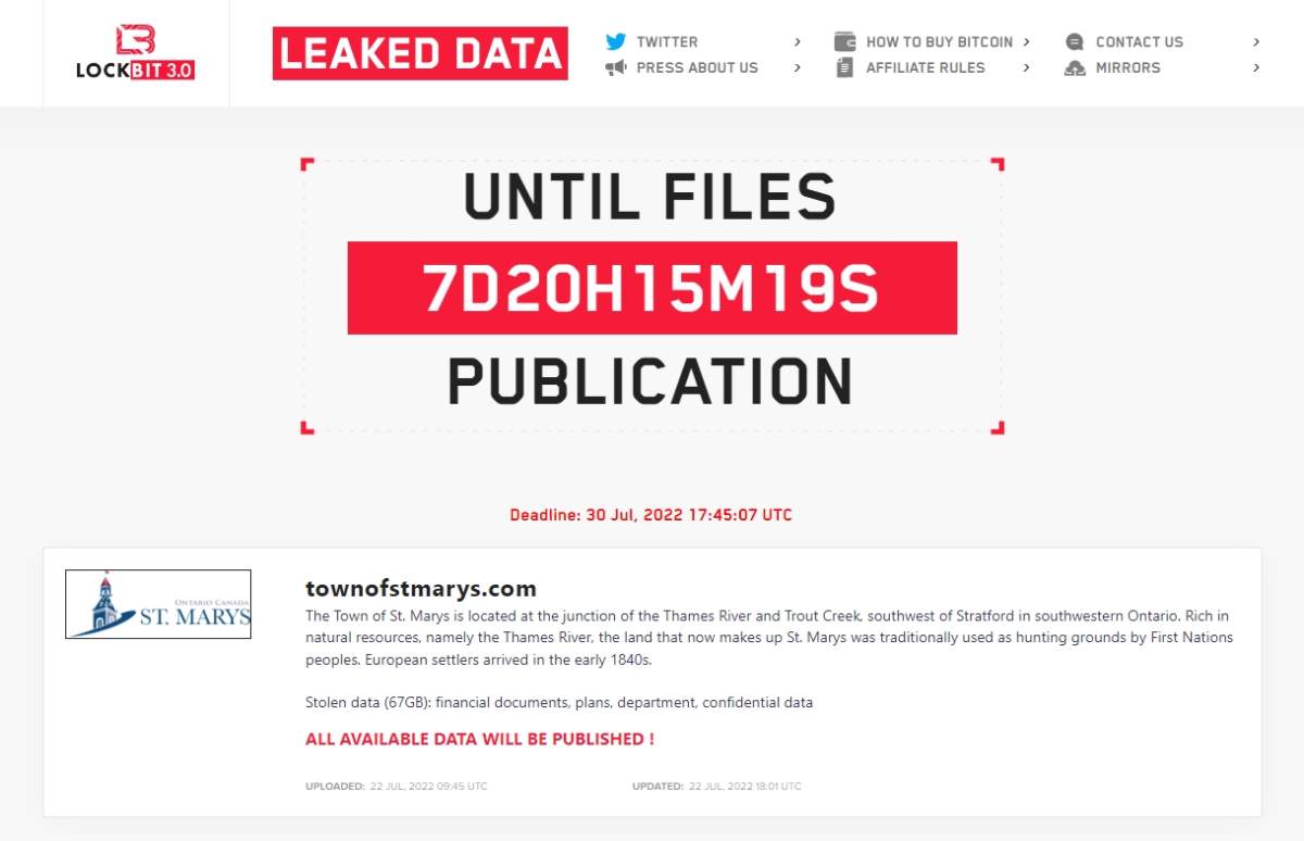 A screenshot of LockBit’s dark web portal on Friday showing an active countdown to the July 30th deadline.