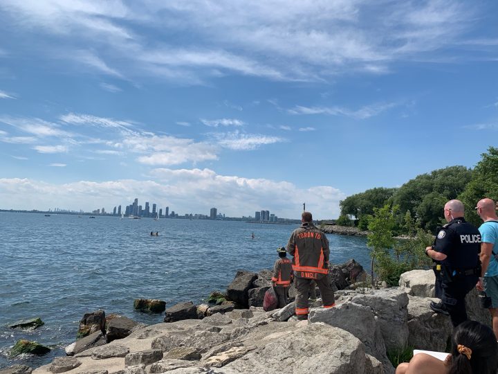 Emergency services on the edge of Lake Ontario during the search.