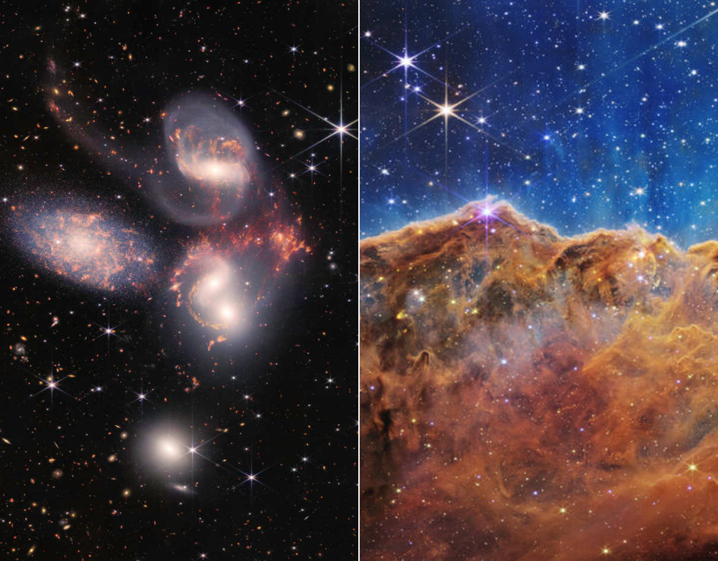 Two of the brilliant images released by NASA show Stephan's Quintet (L) and the Carina Nebula (R).