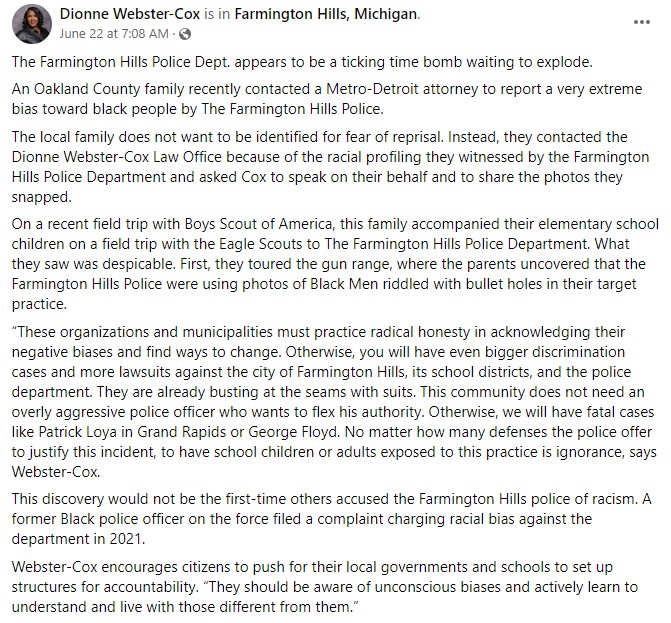 A screengrab of Dionne Webster-Cox's Facebook post