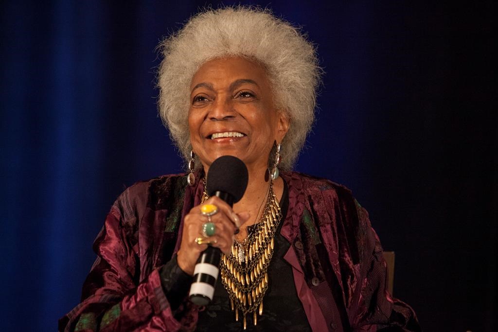 Actor Nichelle Nichols speaks during the Creation Entertainment's Official Star Trek Convention at The Westin O'Hare in Rosemont, Ill., Sunday, June 8, 2014.