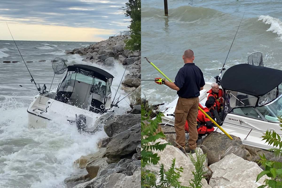 The vessel located along the rocky shore in Madison Township, Ohio on Aug. 11, 2022. The boat's occupant remains missing.