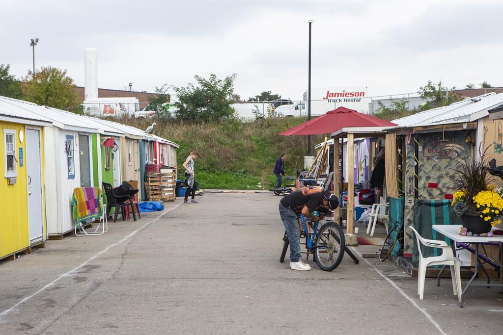 A general view of the A Better Tent City community in Kitchener, Ont., on Thursday, Oct. 14, 2021.