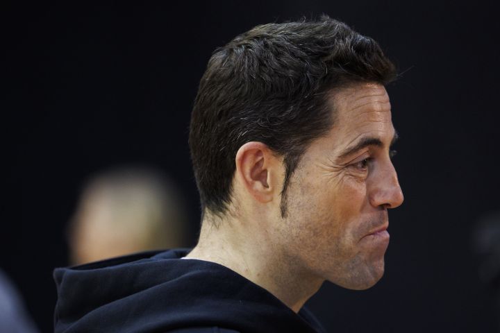 Coach Victor Lapena speaks to a reporter following Canada's senior women's national team practice in Toronto, Friday, July 8, 2022. 