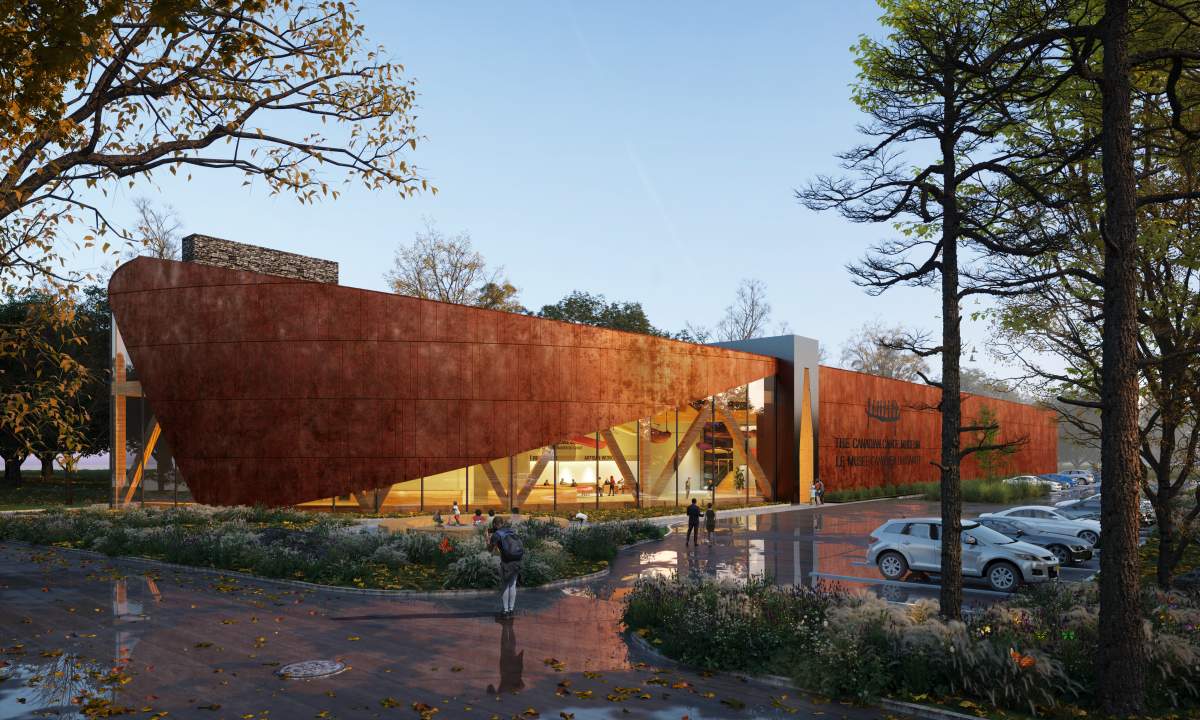 Rendering of the exterior of the new Canadian Canoe Museum to open in Peterborough, Ont., in the summer 2023.
