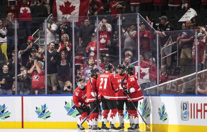 Canada celebrates a goal against Czechia during first period IIHF World Junior Hockey Championship semifinal action in Edmonton on Friday August 19, 2022.